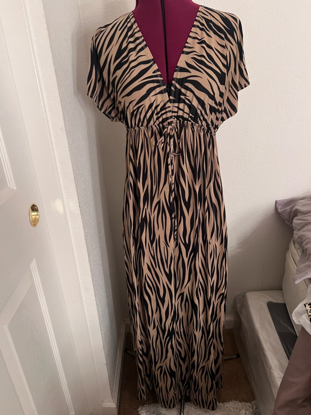 Neutral Zebra-Print V-Neck Maxi Dress